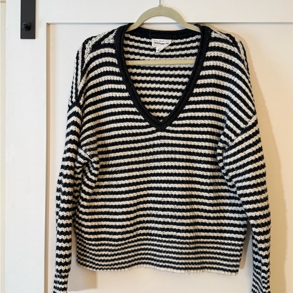 For The Republic Black and White Striped V-Neck Sweater